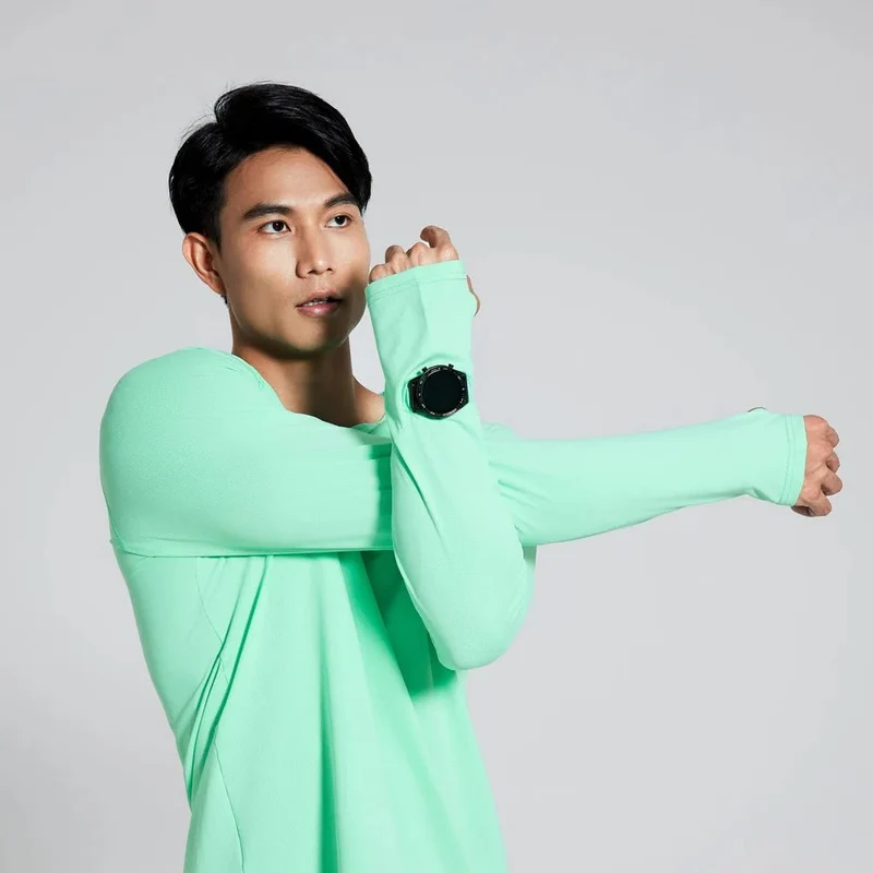 T-Shirt de course manches longues, Anti-UV UPF 50+, séchage rapide, pour homme avec passe-montre running "Queshark - DW154Z"