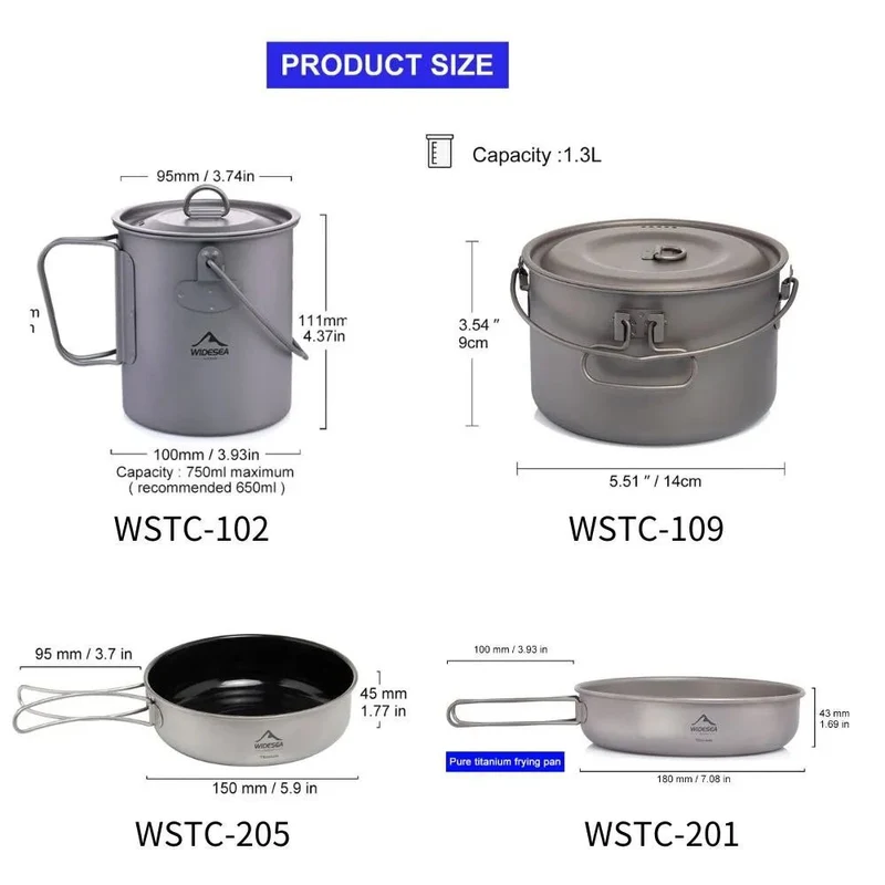 Batterie / popote de cuisine en titane pour camping "WIDESEA - WSTC Titanium series"
