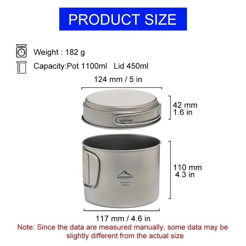 Popote de camping en titane : pot + poêle 1100M avec poignées pliante "Widesea – Titanium Pot"