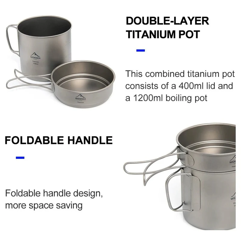 Popote de camping en titane : pot + poêle 1100M avec poignées pliante "Widesea – Titanium Pot"