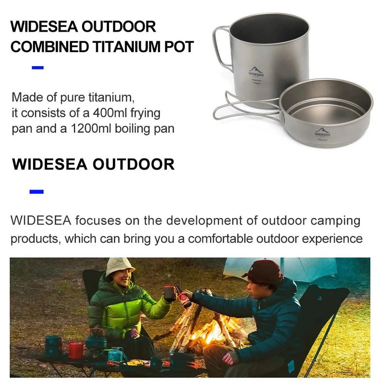 Popote de camping en titane : pot + poêle 1100M avec poignées pliante "Widesea – Titanium Pot"