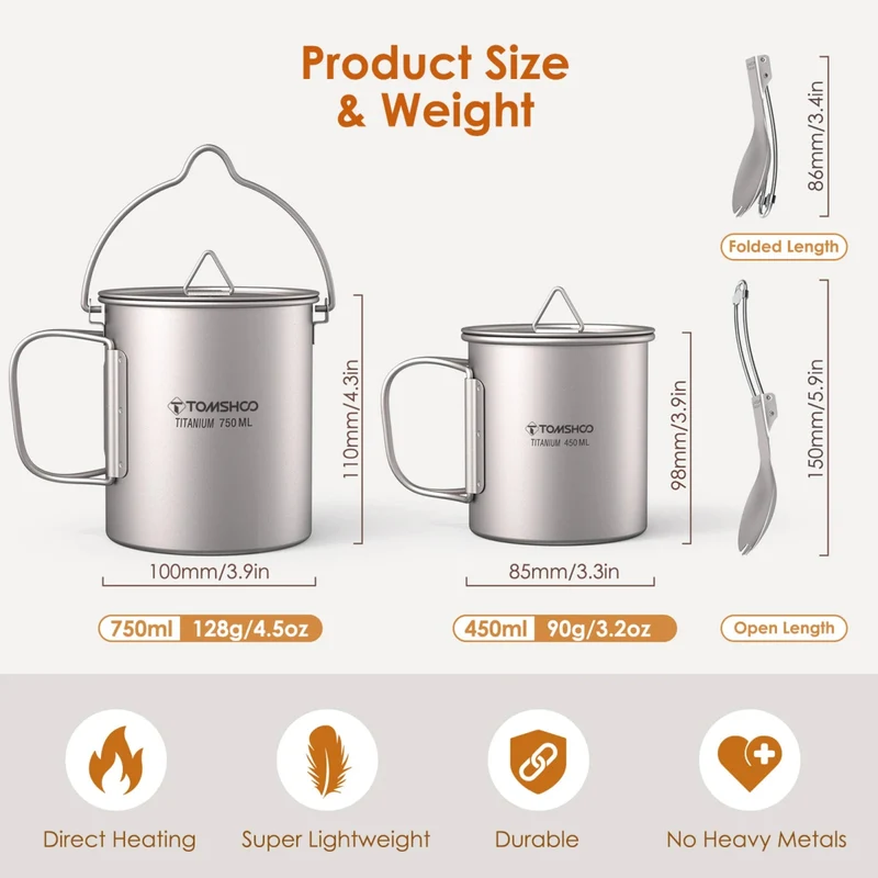 Ensemble d'ustensiles de cuisine en titane ultraléger "Tomshoo - Hiking Cup"