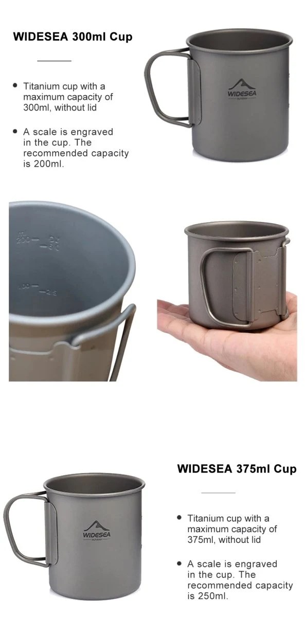 Tasse de camping en titane 200ml - 750ml à partir de 43g "Widesea - camping mug cup"