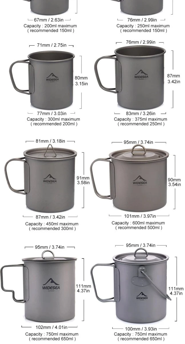 Tasse de camping en titane 200ml - 750ml à partir de 43g "Widesea - camping mug cup"