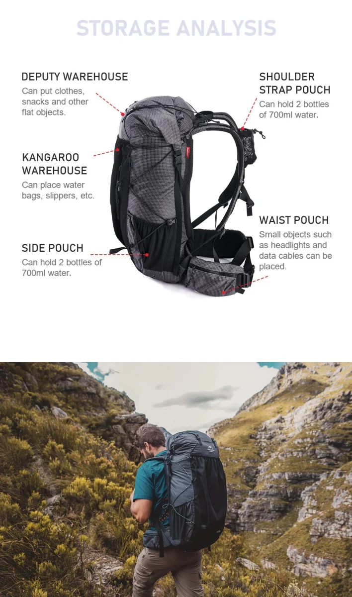 Sac à dos de randonnée ultraléger et imperméable Nylon / Dyneema 45L à 65L "Naturehike – Rock series"