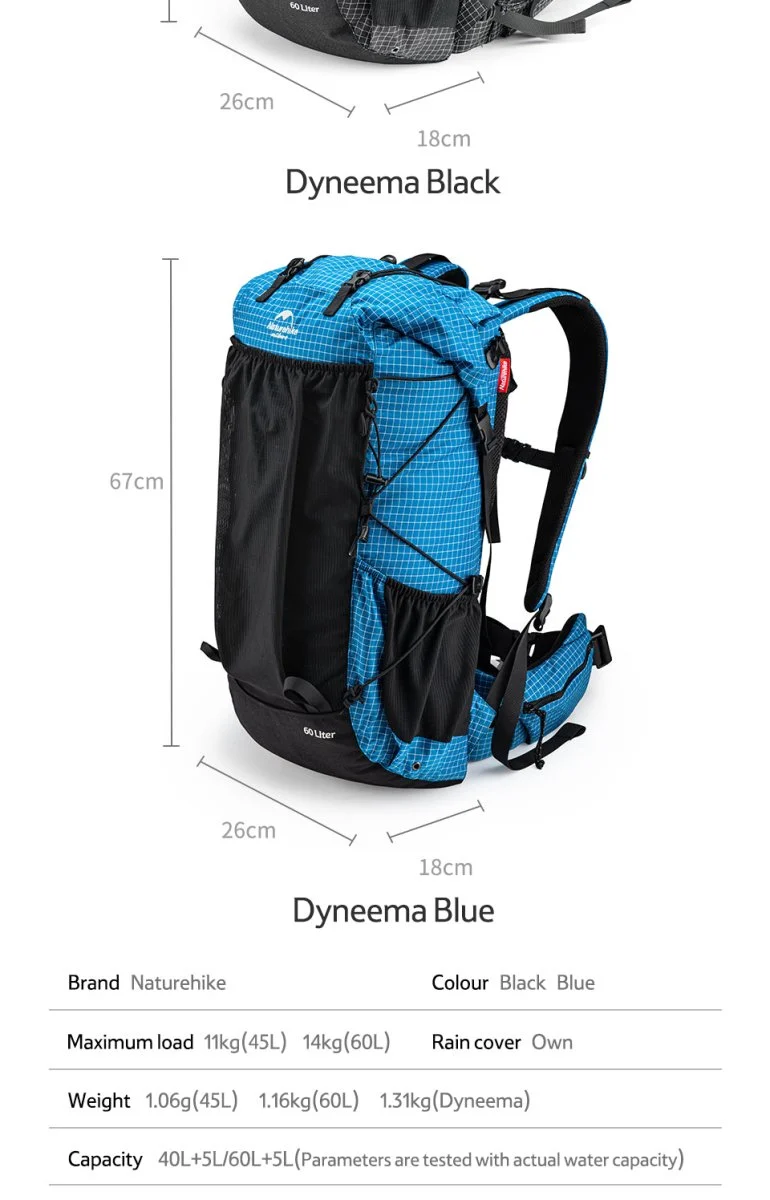 Sac à dos de randonnée ultraléger et imperméable Nylon / Dyneema 45L à 65L "Naturehike – Rock series"