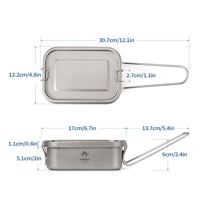 Boîte à Bento / popote de camping en titane rectangulaire de 800ml "HWZBBEN - Ti88/Ti89"
