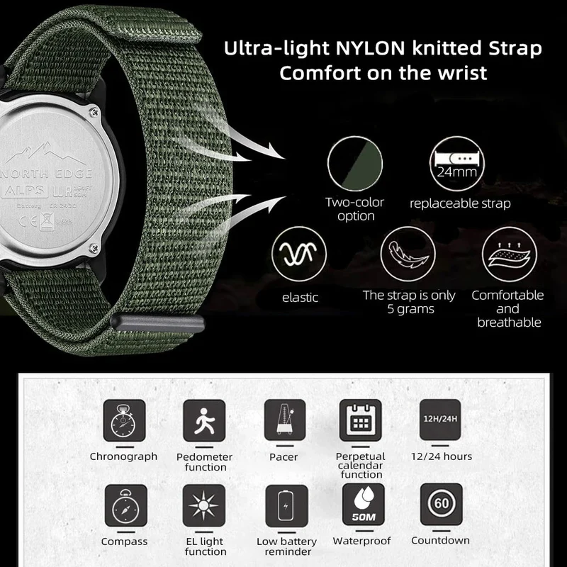 Montre numérique en fibre de carbone pour homme étanche à 50m 49g "NORTH EDGE - ALPS"