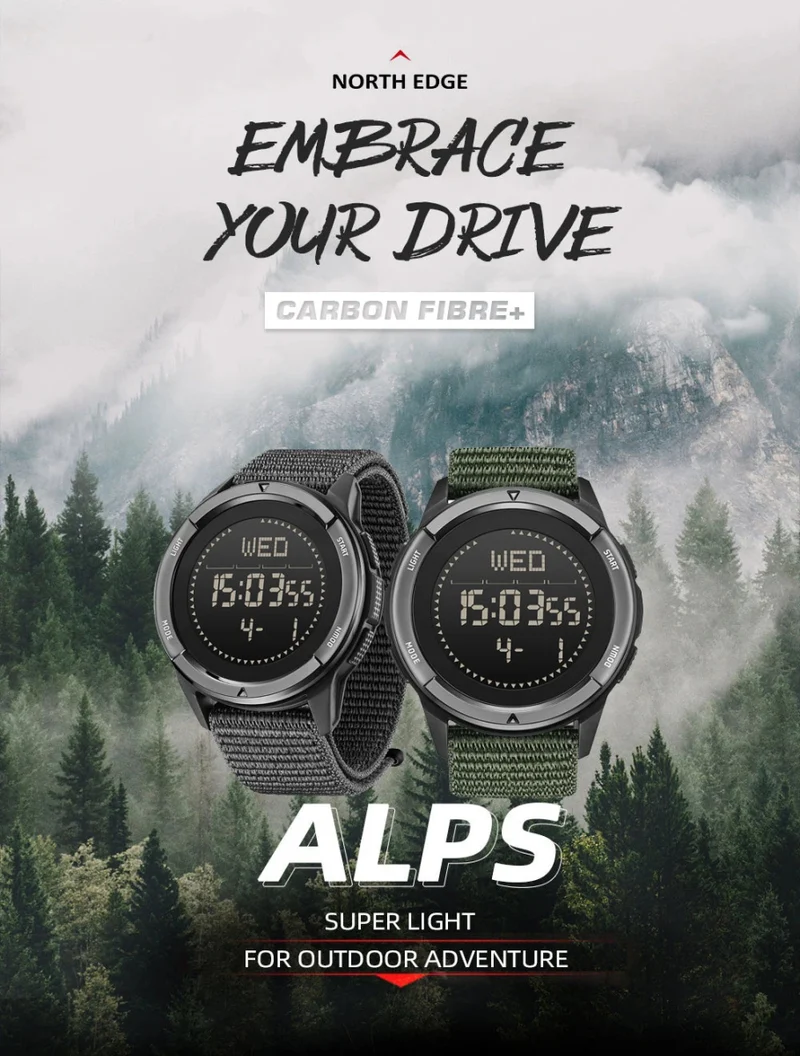 Montre numérique en fibre de carbone pour homme étanche à 50m 49g "NORTH EDGE - ALPS"
