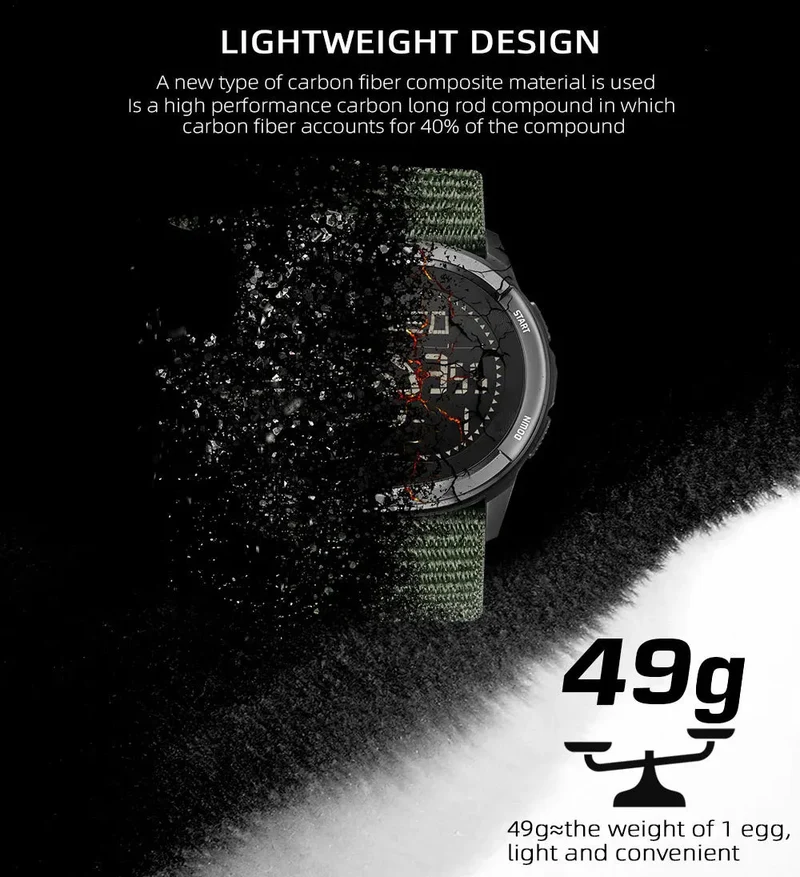 Montre numérique en fibre de carbone pour homme étanche à 50m 49g "NORTH EDGE - ALPS"