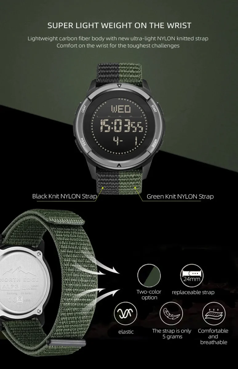 Montre numérique en fibre de carbone pour homme étanche à 50m 49g "NORTH EDGE - ALPS"