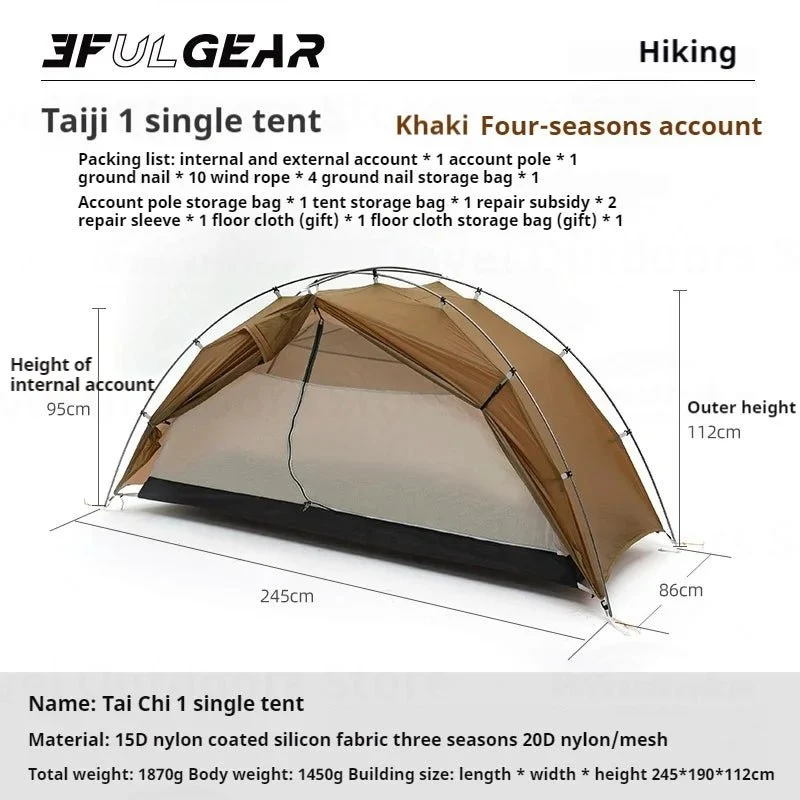 Tente de bivouac / bikepacking ultra-légère pour 1 personne à double-parois avec arceaux aluminium 1,45kg "3F UL GEAR - Taiji 1"