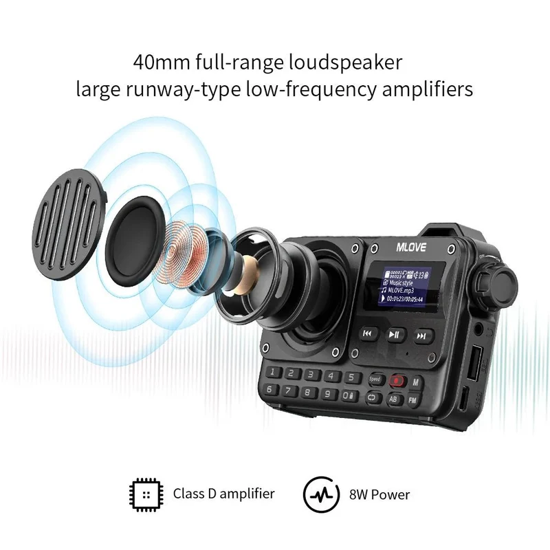 Radio portable de secours FM avec haut-parleur Bluetooth avec écran LCD, antenne, entrée AUX, lecteur MP3 "MLOVE - BV800"