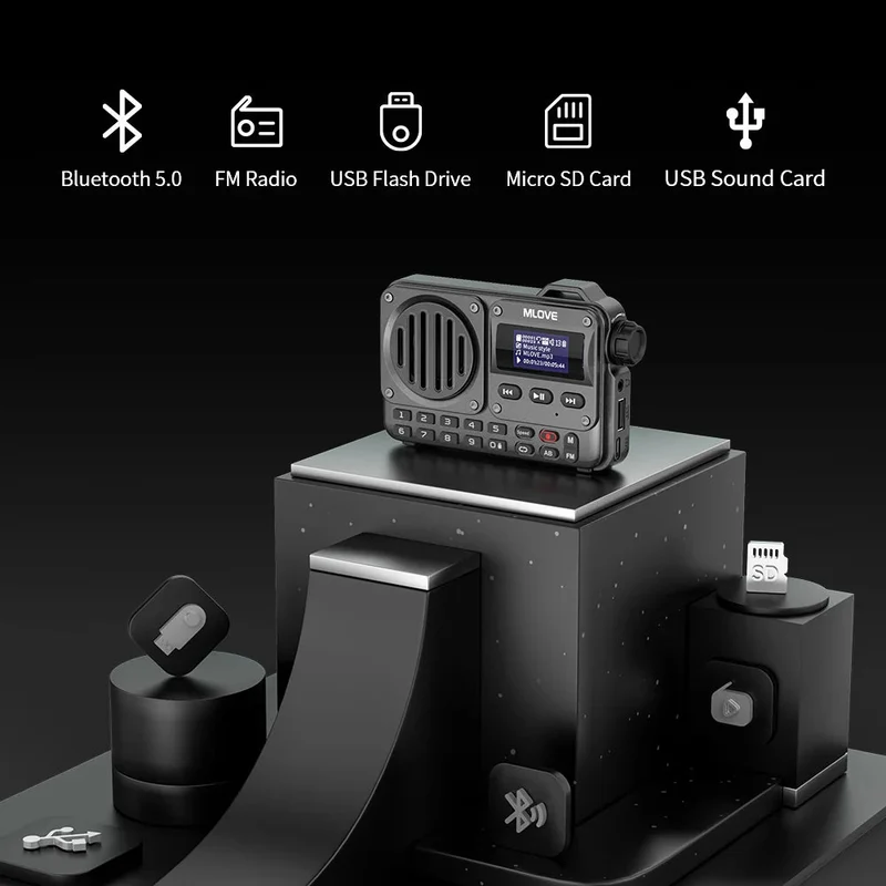 Radio portable de secours FM avec haut-parleur Bluetooth avec écran LCD, antenne, entrée AUX, lecteur MP3 "MLOVE - BV800"