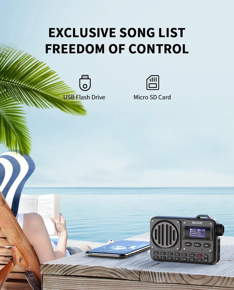 Radio portable de secours FM avec haut-parleur Bluetooth avec écran LCD, antenne, entrée AUX, lecteur MP3 "MLOVE - BV800"