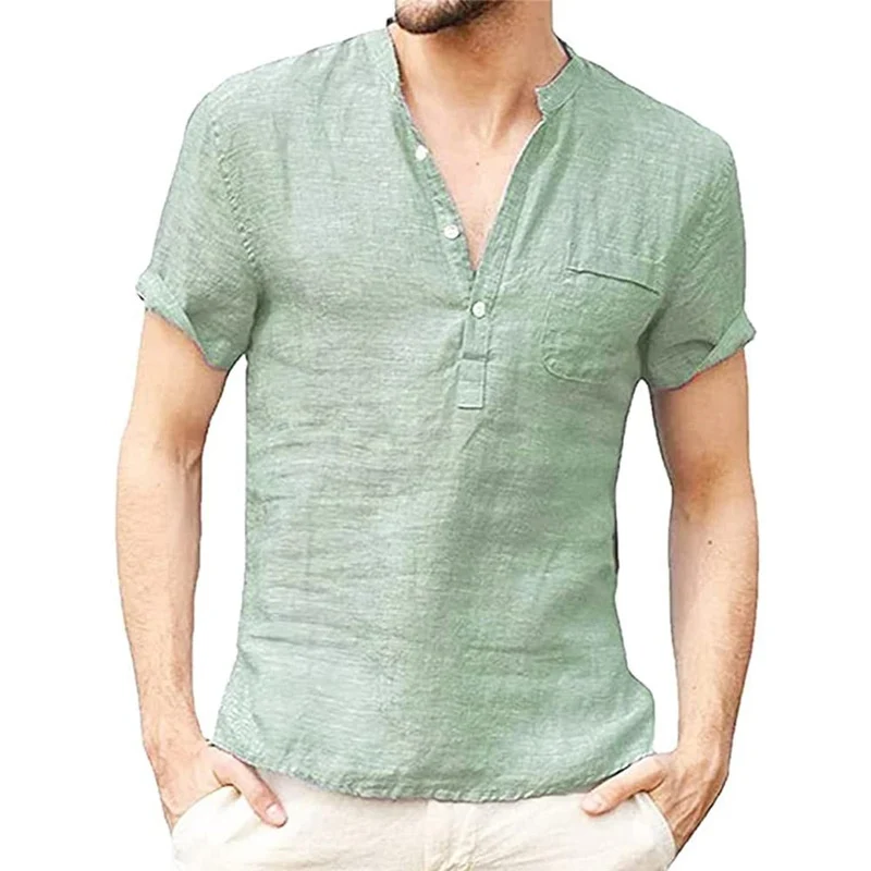 T-shirt col Henley en coton & lin à manches courtes pour homme "King Billion - KB150"