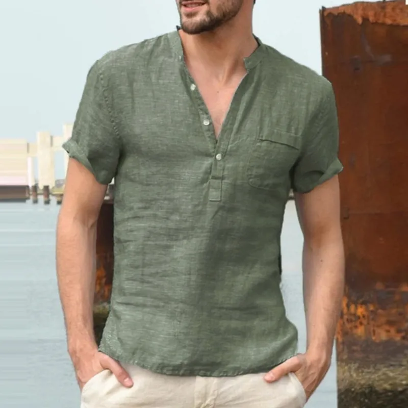 T-shirt col Henley en coton & lin à manches courtes pour homme "King Billion - KB150"